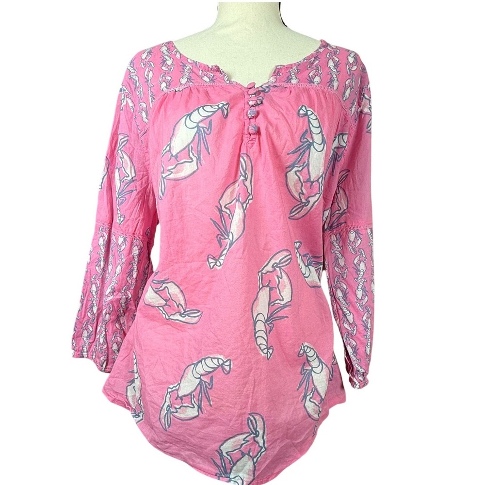 Crown & Ivy Lobster Print Tunic Womens XL Pink Cotton Beach Henley Blouse READ